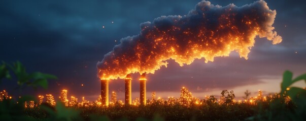 Fototapeta premium Industrial Emissions and Pollution with Dramatic Sky at Dusk