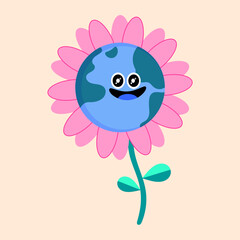 Vector illustration of cute cartoon flower with smiling Earth face in minimalist flat style, symbolizing sustainability and eco-friendly concepts for green energy and education.
