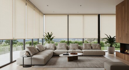 A modern interior featuring large roller blinds and automatic solar shades, complemented by wooden decor panels that add warmth to the space
