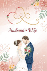 Romantic wedding illustration of a happy bride and groom in pink, a vector heart symbolizing their love