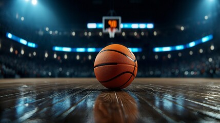 Obraz premium A basketball resting on a polished wooden court in a vibrant arena