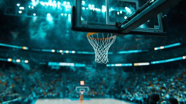 Close-up of a basketball hoop with a blurred crowd in the background