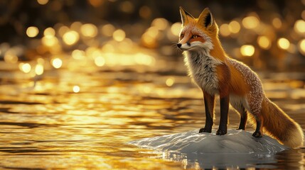 Elegant fox by shimmering water surface
