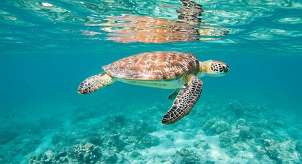 Obraz premium Sea turtle swims gracefully in clear blue water, reflecting sunlight off its shell, gliding above coral reefs. Serene underwater world.