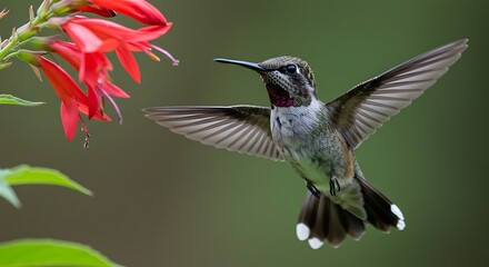 Fototapeta premium Hummingbird mid-flight approaches vivid red flower in lush garden setting, wings in full motion, showcasing vibrant plumage against green backdrop.