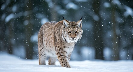 Lynx in Winter: A majestic lynx with spotted fur walks through a snow-covered forest on a cold winter day with snow falling all around
