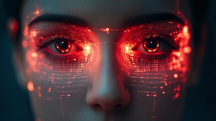 Futuristic woman with glowing red eyes and digital interface overlay face