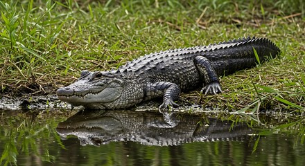 Obraz premium Alligator lounging on a grassy riverbank, its scaly skin and reflection creating a textured visual. Calm waters mirror the predator's presence.