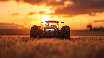 Autonomous tractor in a golden wheat field at sunset.