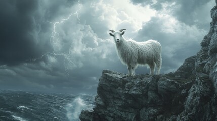 A goat on a rocky cliff under stormy skies