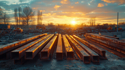 Obraz premium Collapsed Steel Beams Theme, Sunset over construction site with steel beams and debris, creating dramatic scene