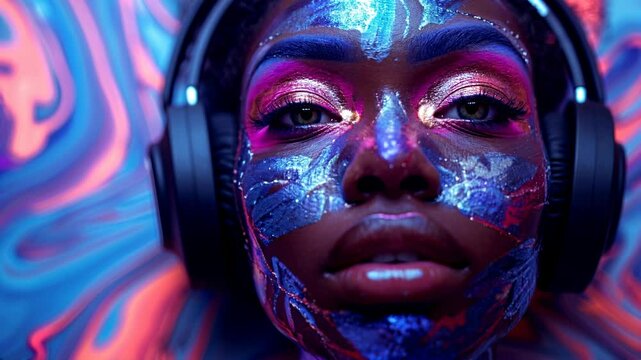 Immersive neon experience: vibrant abstract patterns and expressive face in motion