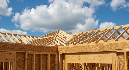 New Home Construction Bright Sunlight Wooden Frame. AI Generated