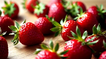 Fresh strawberries rolling across wooden surface in closeup sequence with natural light - Powered by Adobe