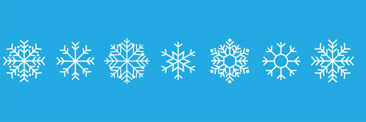 Snowflake variations icon collection. Snowflakes white ice crystal on blue background. Winter symbol. Christmas logo sign. Vector illustration