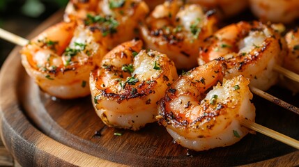 Grilled shrimp skewers on wooden board close up delicious seafood meal