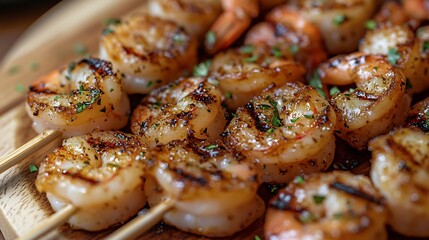 Grilled Shrimp Skewers with Herbs on Wooden Board Ready to Serve