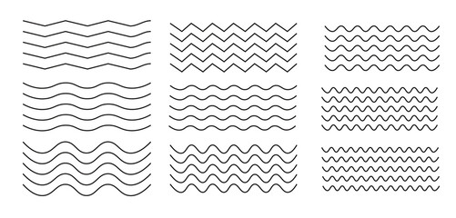 Waves line set. Wave ornament pattern. Set of wavy zigzag lines. Wave thin line background. Vector zigzag and wavy horizontal underline. Vector illustration