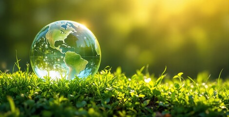 Transparent Earth globe on lush green grass with glowing lights and sunlight, nature background concept of ecology, sustainability and planet care. Ai generative
