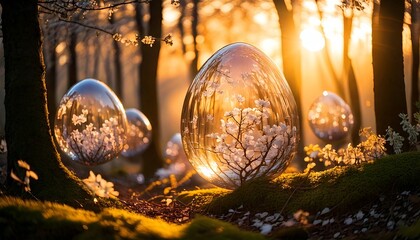 Enchanted Forest Spring Equinox Glass Eggs, Blossoms, Sunrise