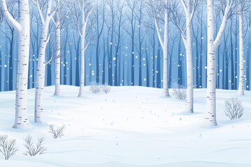 A stylized 2D flat illustration of a winter forest, featuring simple, elegant snowy trees