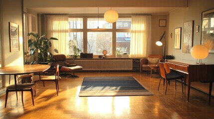 Fototapeta premium Sunlit Mid-Century Modern Living Room Interior Design