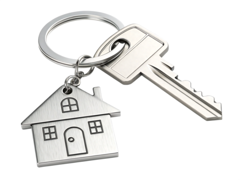 House keys with house shaped keychain, isolated transparent background Png