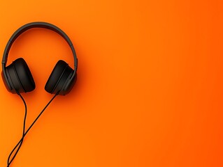 Top-down view headphones and a microphone on a bright orange background, perfect for creative podcast designs