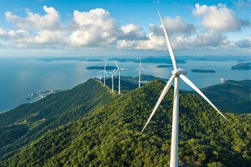 Wind turbines on a green mountain ridge surrounded by forest, ocean and small islands in the background under a blue sky with clouds. Concept of renewable energy. Ai generative
