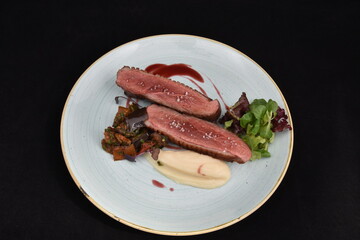 Entrecote with piuree potatoes, salata Dining in the restaurant