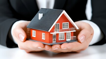 A person holding a miniature red house model in their hands