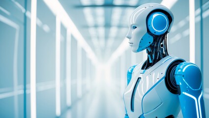 Elegant Humanoid Design: White Robot with Dynamic Blue Illumination  Generative AI