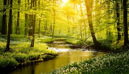 Fototapeta premium Sunlit Spring Forest Stream, Lush Green Trees, Wildflowers