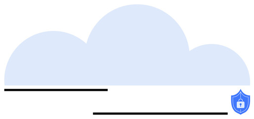 Large blue cloud with shield lock icon symbolizing safe cloud storage, cybersecurity, and data privacy. Ideal for technology, online security, cloud computing, data encryption, IT services, internet