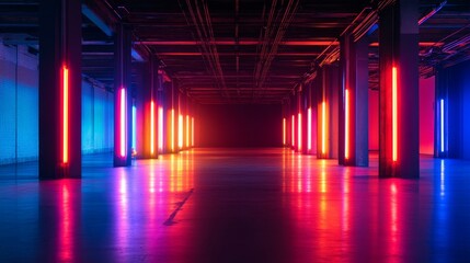 Vibrant neon lit warehouse interior with symmetrical columns and colorful glow