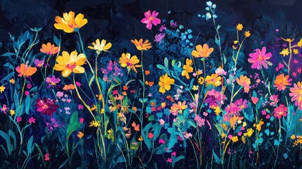 A modern abstract oil painting of neon-colored wildflowers against a dark background.