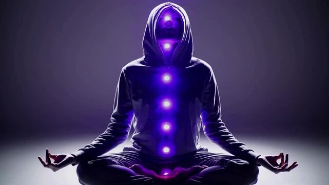 hooded figure meditating with glowing chakras
