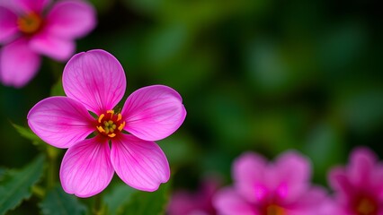 Fototapeta premium Vibrant pink flower with a yellow center, captured in a close-up against a deep green backdrop. Natural beauty and vivid colors, ideal for floral designs.