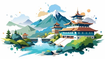 Obraz premium Explore the serene beauty of Tama Onsen, a picturesque hot spring resort town where you can relax in natural onsen, surrounded by stunning mountain scenery.