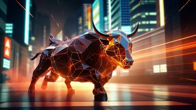 Charging Bull on City Street: An electrifying, stylized depiction of a powerful bull charging boldly down a neon-lit urban street, symbolizing strength and market bullishness.
