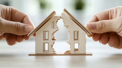 Hands holding broken house model symbolizing divorce and property division