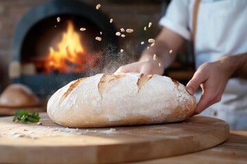 Golden crust delight: fresh loaf, warm softness, homemade taste, artisanal creation, bakery aroma, comforting texture, dough perfection, oven-baked treat, world baking festivity, culinary tradition,