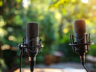 Two microphones set up on a patio table outdoors, creating a serene podcast recording environment
