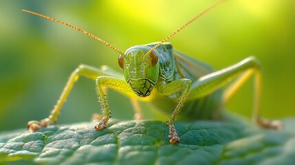 Close-up of a vibrant green grasshopper on a leaf. (1)