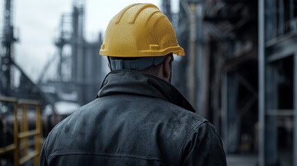 Male worker with yellow hard hat at industrial site on rainy day
