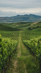 Naklejka premium Serene vineyard rows stretching towards distant hills under a cloudy sky. A tranquil landscape perfect for wine country imagery, relaxation, or travel themes.