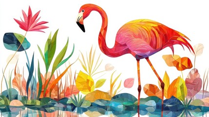 A pink flamingo is walking through a field of flowers