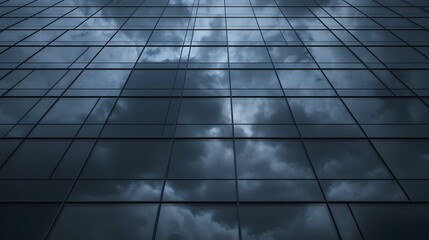 Modern building facade reflecting stormy clouds.  Dramatic, abstract architectural image.