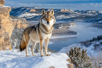 Naklejka premium A wolf standing on a snowy hilltop, gazing into the distance with a misty winter valley below