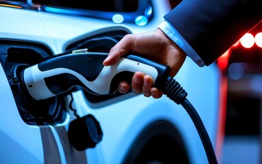 Hand holding EV charger connecting to electric car at charging station close up detail sustainable transport. Charging a green vehicle.